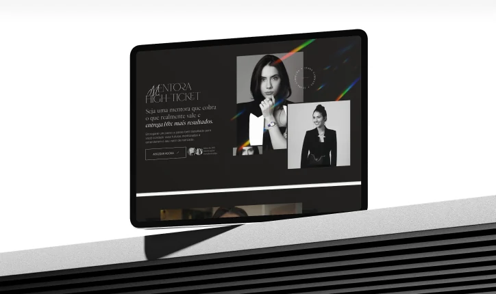 Site Mentora High Ticket exibido em um tablet, estética preto e branco